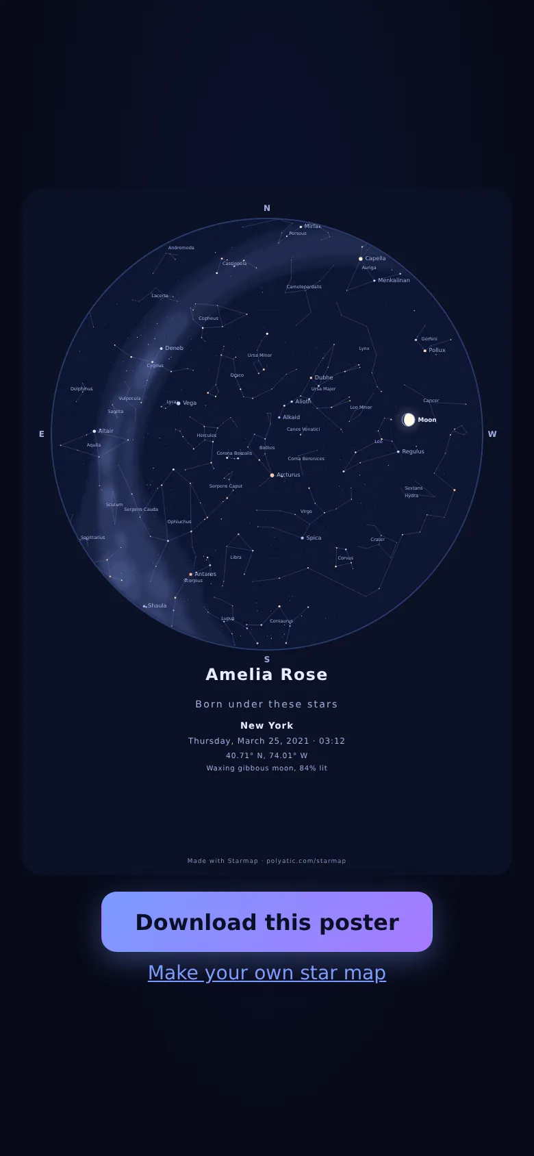 Phone screenshot of the gift view: the navy star chart of the sky over New York at 03:12 on 25 March 2021 fills the screen, titled Amelia Rose, Born under these stars, with an 84%-lit Moon in the west; below it a Download this poster button and a Make your own star map link.